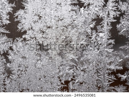 Frost on the window, natural pattern. Frozen particles on a window glass. Different ice crystals texture background
