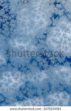 Frost patterns on a window forming natural ice crystals, creating an abstract winter texture with sky reflections.