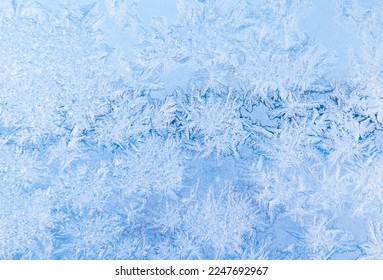 Frost patterns on a window in winter day (light blue background)