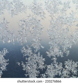 frost patterns on windowpane close up at cold winter dawn