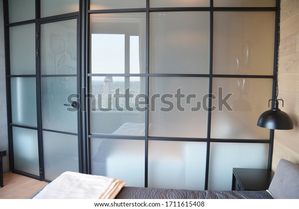 Frosted glass bedroom\
wall, glass room divider, partition with squares is a perfect\
solution for small\
spaces.