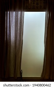 Frosted Opaque Window With Curtains In Kitchen. Retro Hipster Faded Style Of Processing. Grey And Gloomy Mood