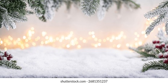Frosted pine branches and red berries frame a snowy surface with glowing festive lights in the background. Winter Christmas Holiday Decoration Background