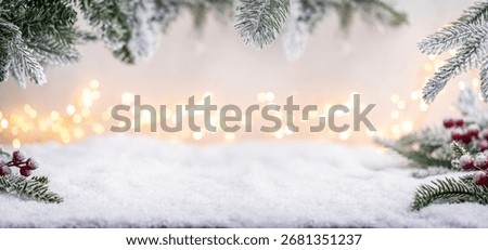 Frosted pine branches and red berries frame a snowy surface with glowing festive lights in the background. Winter Christmas Holiday Decoration Background