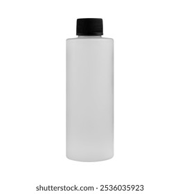 Frosted plastic bottle with black cap, ideal for displaying branding for cosmetics, skincare, or personal care products. Minimalist and versatile design isolated on white.