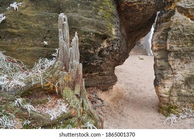 Frosted sandstone rocks in winter