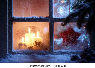 Frosted Window With Christmas Decoration