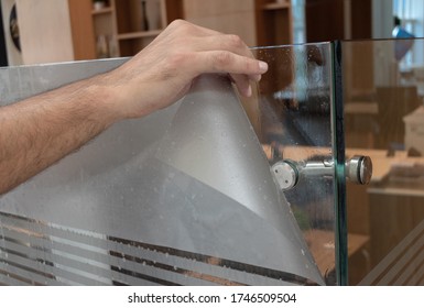 Frosted window film application detail close-up. Skilled men's hand