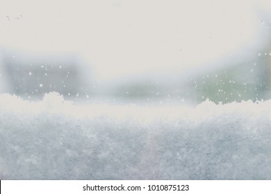 Frosted Window  With Snowy Outside With Sunrise Background