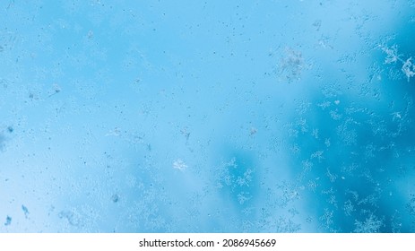 Frosting Macro. Cold Snow Winter Background. Blue Crystal Frozen Abstract Pattern. White Frost Ice Texture