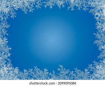 Frostwork. Frosty Frame. Decorative Ice Crystals Frame On Blue Background