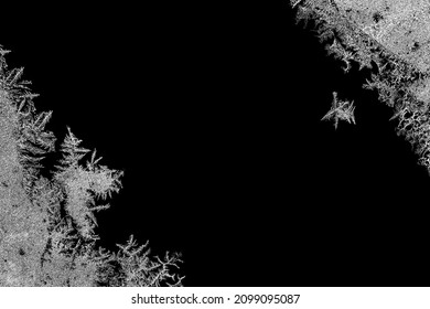 Frostwork. Frosty Frame. Decorative Ice Crystals Frame On Black Matte Background