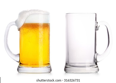 Frosty glass of light beer and empty glass isolated on a white background
