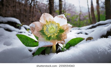 Frosty Hellebore Bloom in Snowy Forest - Closeup of Christmas Rose with Delicate Petals and Evergreen Leaves - Powered by Shutterstock