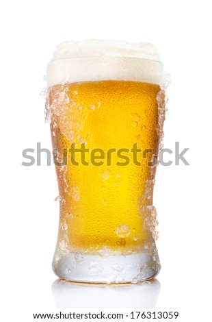 Frosty pint glass of beer isolated on a white background