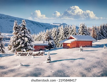 Frosty winter view of Alpe di Siusi village. Bright landscape of Dolomite Alps. Snowy outdoor scene of ski resort, Ityaly, Europe. Traveling concept background.