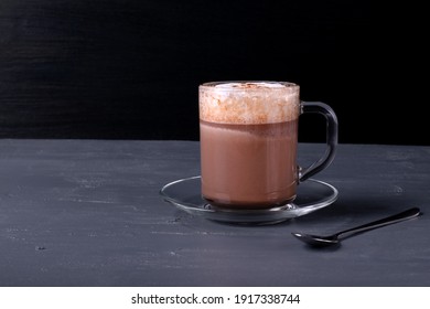 Frothy Cocoa On The Gray Table. Hot Sweet Drink