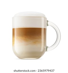 Frothy coffee cappuccino with whipped milk cap in transparent glass mug isolated on white background.
