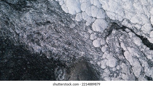 Frozen Abstract Background. Snow Rock. Cold Surface. Monochrome Black White Glitter Foam Rough Sparkling Texture Wallpaper With Free Space.