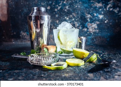 Frozen Alcoholic Cocktail, Refreshment Drink With Vodka And Lime Served At Bar