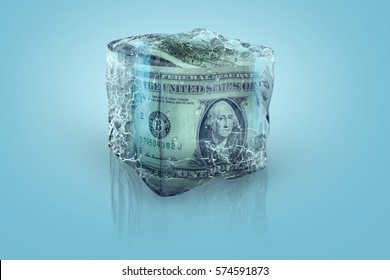 Frozen American USD Money In Ice Cube On A Blue Background