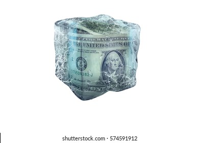 Frozen American USD Money In Ice Cube, Isolate On A White Background