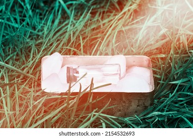 Frozen Ampoule With Medicine On A Background Of Herbs.