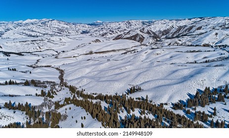 Frozen Anderson Ranch Reservoir Idaho In The Winter On A Sunny Day And Pine Forest