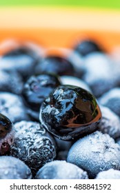 Frozen Aronia Berries In A Bowl, Macro Shot