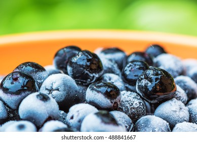 Frozen Aronia Berries In A Bowl, Macro Shot