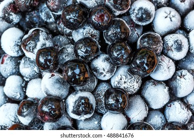 Frozen Aronia Berries In A Bowl, Macro Shot