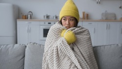 Frozen Asian Chinese Korean Woman Sick Sad Girl Freezing Sit In Cold Apartment Suffer Low Temperature Froze Freeze Covered In Warm Blanket Hat And Mittens Winter Season Heating Problem In Home Kitchen