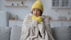 Frozen Asian Chinese Korean Woman Sick Sad Girl Freezing Sit In Cold Apartment Suffer Low Temperature Froze Freeze Covered In Warm Blanket Hat And Mittens Winter Season Heating Problem In Home Kitchen