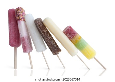 Frozen assorted ice lollies on a white background
