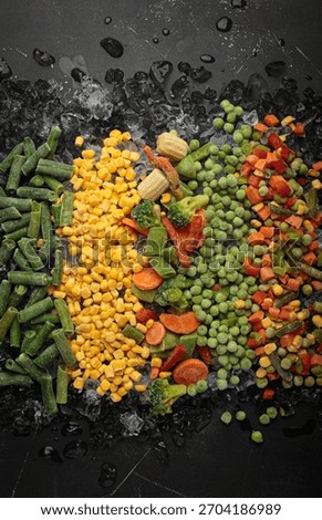 Frozen assorted mixed vegetables ice background healthy food diet nutrition