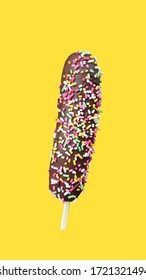 Frozen Banana Covered With Chocolate, Banana Choco Pops With Sweet Candy Topping On Stick Isolated On Yellow Background