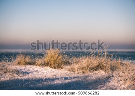 frozen beach view by the baltic sea with sand and ice in water - vintage effect
