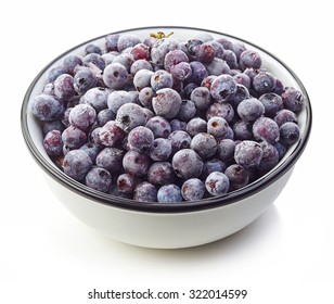 Frozen Blueberries In White Bowl Isolated On White Background