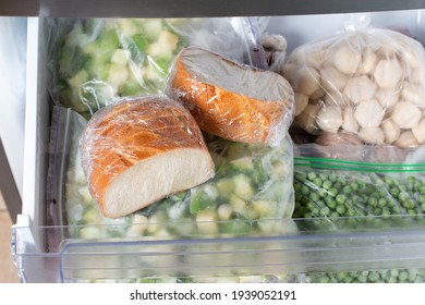 Frozen Bread In The Home Freezer. The Frozen Products. Long Life Food Storage Concept.