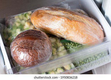 Frozen Bread In The Home Freezer. The Frozen Products. Long Life Food Storage Concept.