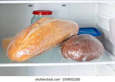 Frozen Bread In The Home Refrigerator. The Frozen Products. Long Life Food Storage Concept.