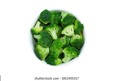 Frozen Broccoli Florets In A Bowl Isolated On White Background, Top View