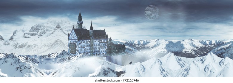 Frozen Castle In White Mountains - Surreal Concept Art 