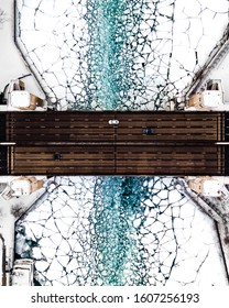 Frozen Chicago River And Lake Shore Drive During Polar Vortex Aerial View