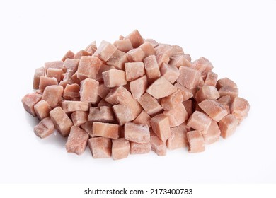 Frozen Chicken Meat Cubes Isolated On White Background. 