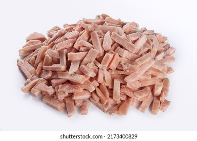 Frozen Chicken Meat Strips Isolated On White Background. 