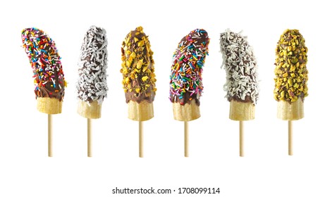 Frozen Chocolate Dipped Banana Pops With An Assortment Of Sprinkles, Nuts And Coconut Isolated On A White Background