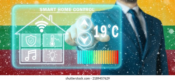 Frozen Citizen Of Lithuania Adjusting Heating Temperature On A Virtual Screen Of Smart Home Controller, Winter Blizzard Background. Concept Of Forced Thrift Because Increased Price For Heating Home.