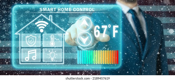 Frozen Citizen Of USA Adjusting Heating Temperature On A Virtual Screen Of Smart Home Controller, Winter Blizzard Background. Concept Of Forced Thrift Because Increased Price For Heating Home.