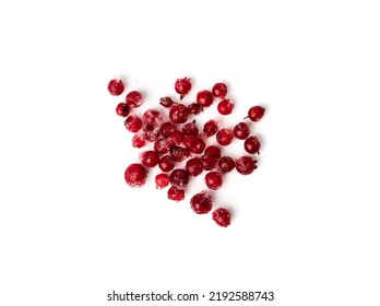 Frozen Cowberry Isolated. Iced Lingonberry Pile, Frosty Red Berries, Frozen Whortleberry Heap, Mountain Cranberry, Partridgeberry, Frosted Bearberries On White Background Top View